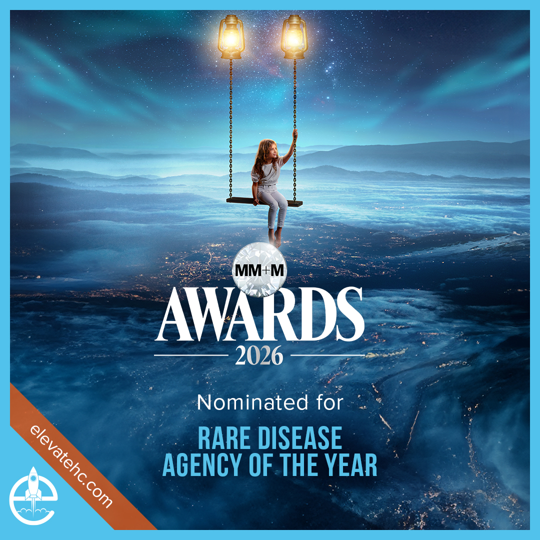 Branded award nomination graphic from Elevate Healthcare Marketing. A surreal night scene shows a young girl on a swing suspended by two glowing lanterns, floating high above a cloud-covered landscape with city lights below and a starry aurora-lit sky above. The MM+M Awards 2026 logo appears below her, with white text reading "Nominated for" and light blue text reading "RARE DISEASE AGENCY OF THE YEAR." The Elevate logo appears in the lower left corner.